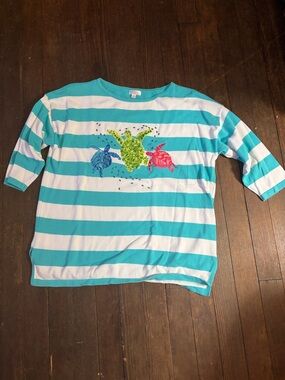 Striped Turquoise & White Women's Tee with Colorful Sea Turtle Embroidery